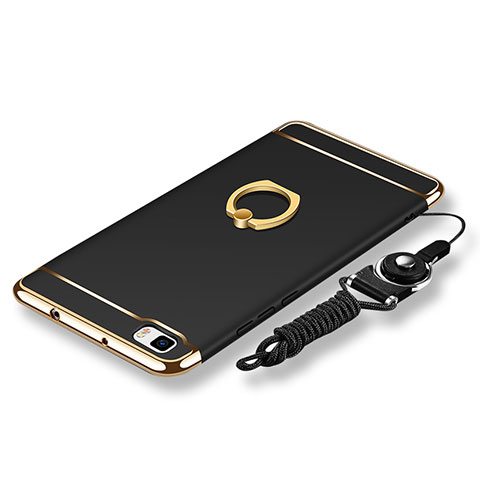 Coque Bumper Luxe Metal et Plastique Etui Housse avec Support Bague Anneau et Laniere pour Huawei P8 Lite Noir