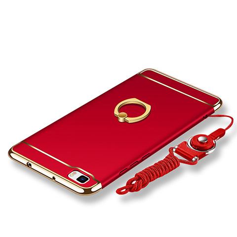 Coque Bumper Luxe Metal et Plastique Etui Housse avec Support Bague Anneau et Laniere pour Huawei P8 Lite Rouge