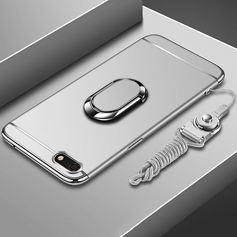 Coque Bumper Luxe Metal et Plastique Etui Housse avec Support Bague Anneau et Laniere pour Huawei Y5 (2018) Argent