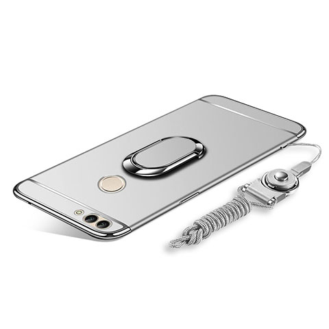 Coque Bumper Luxe Metal et Plastique Etui Housse avec Support Bague Anneau et Laniere pour Huawei Y9 (2018) Argent