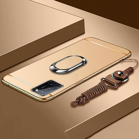 Coque Bumper Luxe Metal et Plastique Etui Housse avec Support Bague Anneau et Laniere pour Oppo A92 Or