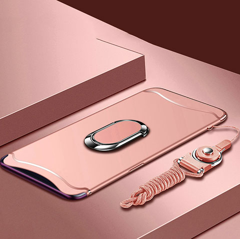 Coque Bumper Luxe Metal et Plastique Etui Housse avec Support Bague Anneau et Laniere pour Oppo Find X Or Rose