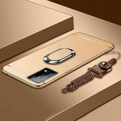 Coque Bumper Luxe Metal et Plastique Etui Housse avec Support Bague Anneau et Laniere pour Oppo K9 5G Or