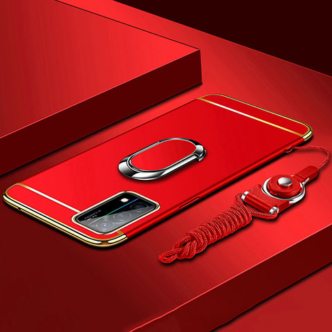 Coque Bumper Luxe Metal et Plastique Etui Housse avec Support Bague Anneau et Laniere pour Oppo K9 5G Rouge