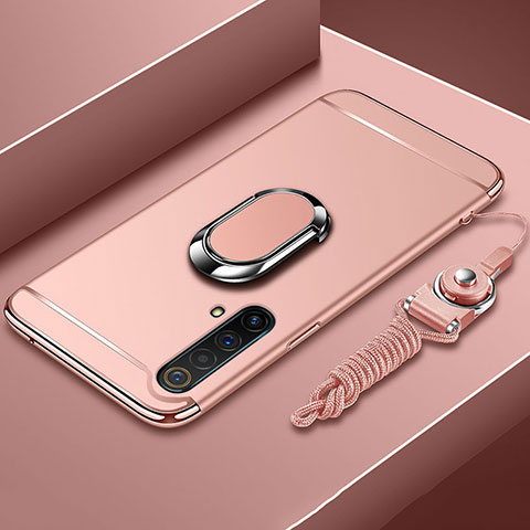 Coque Bumper Luxe Metal et Plastique Etui Housse avec Support Bague Anneau et Laniere pour Realme X50 5G Or Rose