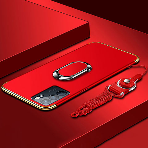 Coque Bumper Luxe Metal et Plastique Etui Housse avec Support Bague Anneau pour Oppo Reno6 5G Rouge