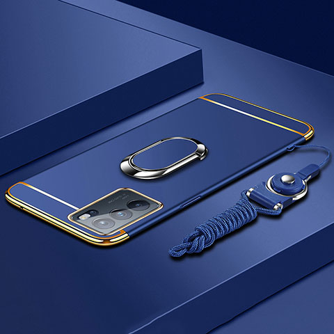 Coque Bumper Luxe Metal et Plastique Etui Housse avec Support Bague Anneau pour Oppo Reno6 Pro 5G India Bleu