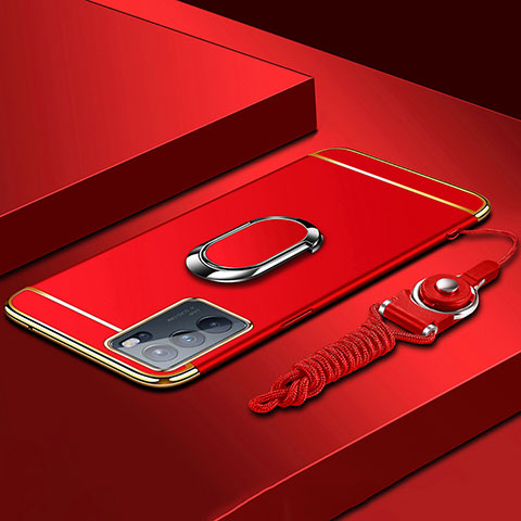 Coque Bumper Luxe Metal et Plastique Etui Housse avec Support Bague Anneau pour Oppo Reno6 Pro 5G India Rouge