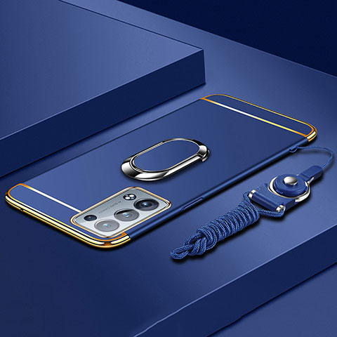 Coque Bumper Luxe Metal et Plastique Etui Housse avec Support Bague Anneau pour Oppo Reno6 Pro+ Plus 5G Bleu