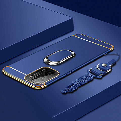 Coque Bumper Luxe Metal et Plastique Etui Housse avec Support Bague Anneau pour Xiaomi Poco F3 5G Bleu