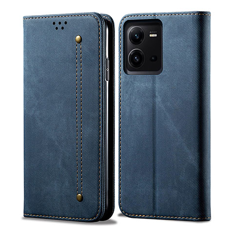 Coque Clapet Portefeuille Livre Tissu B01S pour Vivo V25 5G Bleu