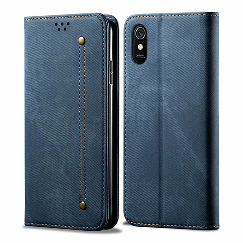 Coque Clapet Portefeuille Livre Tissu H01 pour Xiaomi Redmi 9A Bleu