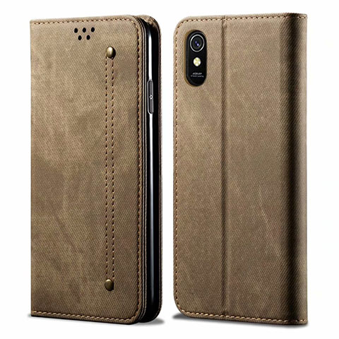 Coque Clapet Portefeuille Livre Tissu H01 pour Xiaomi Redmi 9A Kaki