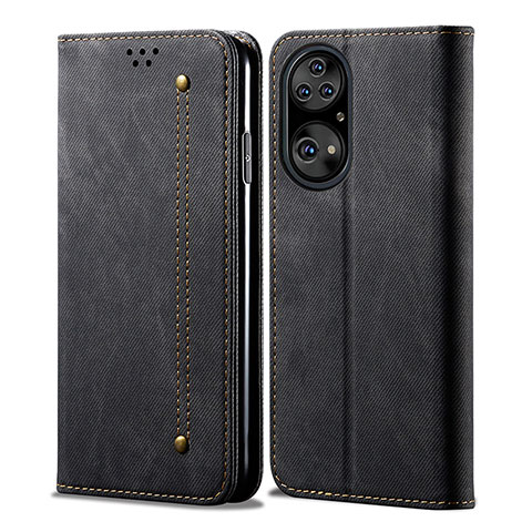 Coque Clapet Portefeuille Livre Tissu pour Huawei P50e Noir