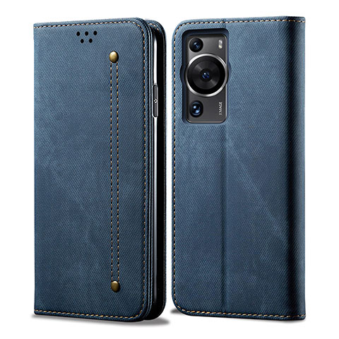 Coque Clapet Portefeuille Livre Tissu pour Huawei P60 Bleu