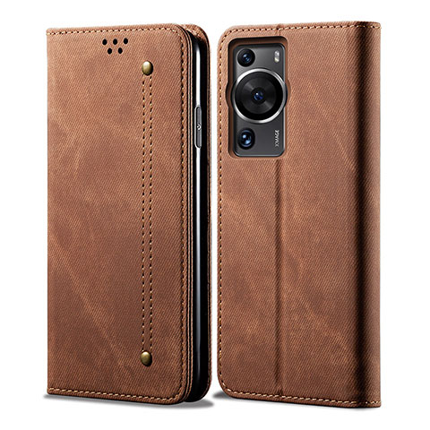 Coque Clapet Portefeuille Livre Tissu pour Huawei P60 Marron