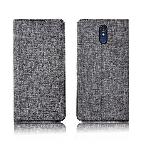 Coque Clapet Portefeuille Livre Tissu pour LG Q7 Gris