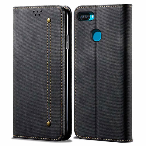 Coque Clapet Portefeuille Livre Tissu pour Oppo A12 Noir