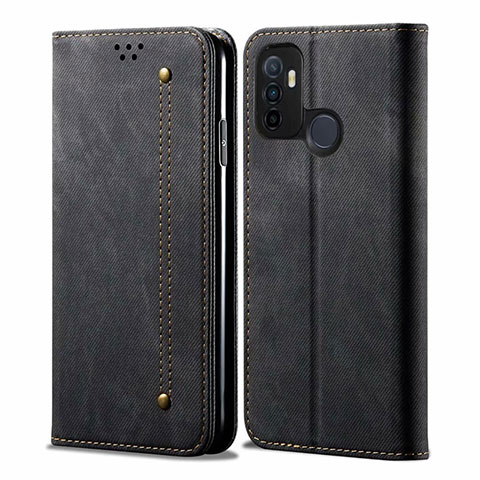 Coque Clapet Portefeuille Livre Tissu pour Oppo A32 Noir