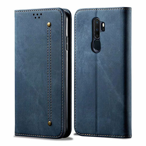 Coque Clapet Portefeuille Livre Tissu pour Oppo A5 (2020) Bleu