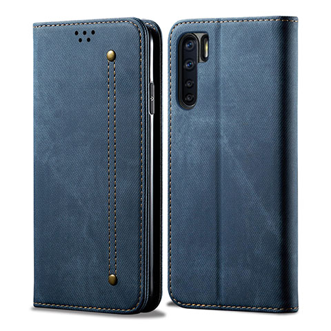 Coque Clapet Portefeuille Livre Tissu pour Oppo A91 Bleu