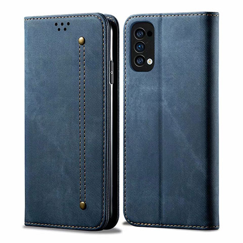 Coque Clapet Portefeuille Livre Tissu pour Oppo Reno4 4G Bleu