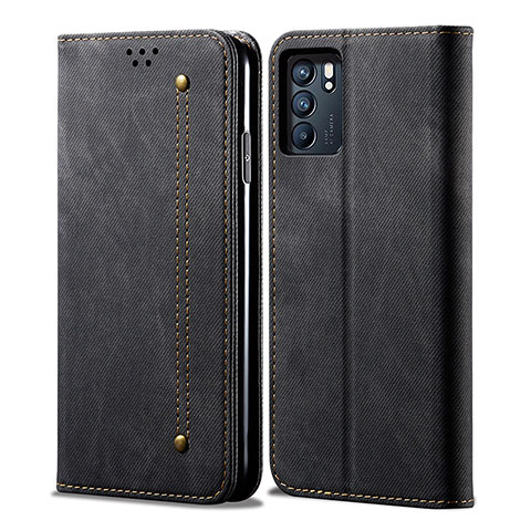 Coque Clapet Portefeuille Livre Tissu pour Oppo Reno6 5G Noir