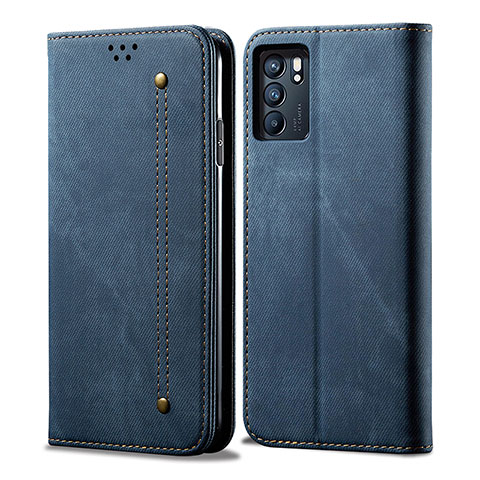 Coque Clapet Portefeuille Livre Tissu pour Oppo Reno6 Pro 5G India Bleu