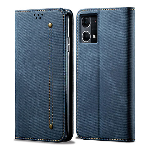 Coque Clapet Portefeuille Livre Tissu pour Oppo Reno7 4G Bleu