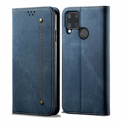 Coque Clapet Portefeuille Livre Tissu pour Realme C15 Bleu