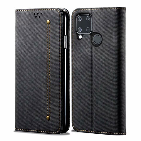 Coque Clapet Portefeuille Livre Tissu pour Realme C15 Noir