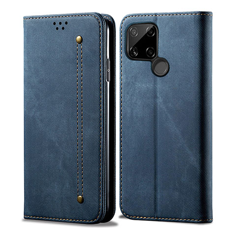 Coque Clapet Portefeuille Livre Tissu pour Realme C21 Bleu