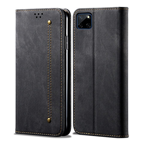 Coque Clapet Portefeuille Livre Tissu pour Realme C21Y Noir