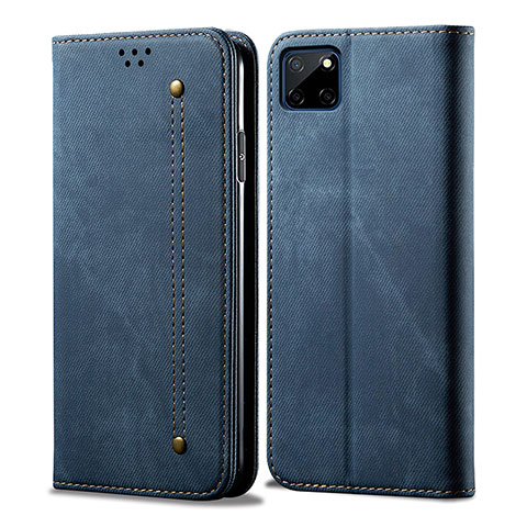 Coque Clapet Portefeuille Livre Tissu pour Realme C25Y Bleu