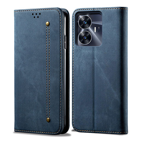 Coque Clapet Portefeuille Livre Tissu pour Realme C55 Bleu