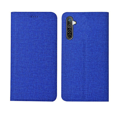 Coque Clapet Portefeuille Livre Tissu pour Realme XT Bleu