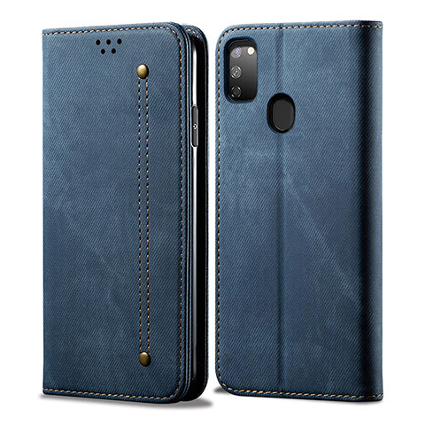 Coque Clapet Portefeuille Livre Tissu pour Samsung Galaxy M21 Bleu