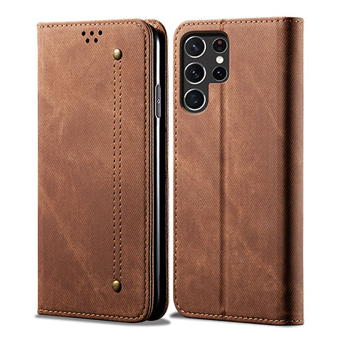 Coque Clapet Portefeuille Livre Tissu pour Samsung Galaxy S23 Ultra 5G Marron