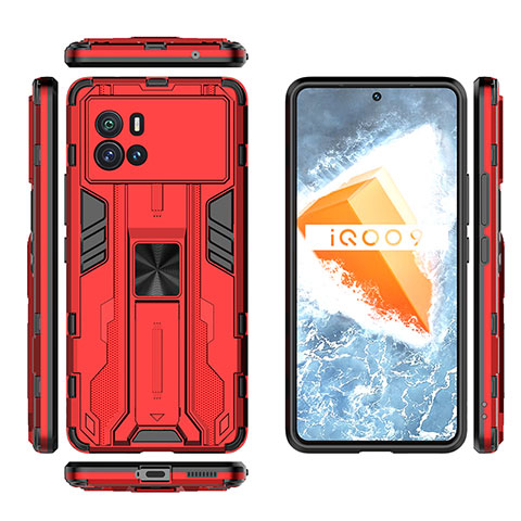 Coque Contour Silicone et Plastique Housse Etui Mat avec Aimant Magnetique Support A03 pour Vivo iQOO 9 5G Rouge