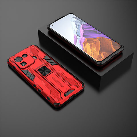 Coque Contour Silicone et Plastique Housse Etui Mat avec Aimant Magnetique Support A03 pour Xiaomi Mi 11 Pro 5G Rouge