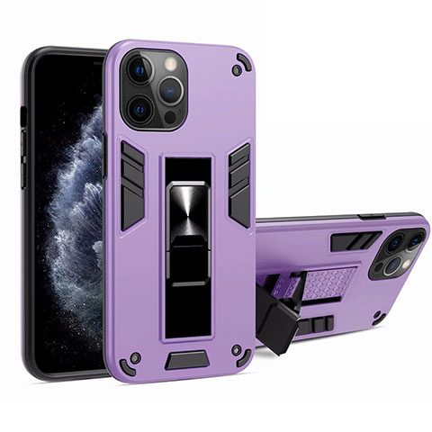 Coque Contour Silicone et Plastique Housse Etui Mat avec Aimant Magnetique Support H01 pour Apple iPhone 12 Pro Violet Clair