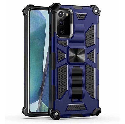 Coque Contour Silicone et Plastique Housse Etui Mat avec Aimant Magnetique Support H01 pour Samsung Galaxy Note 20 5G Bleu