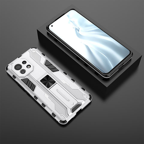 Coque Contour Silicone et Plastique Housse Etui Mat avec Aimant Magnetique Support H03 pour Xiaomi Mi 11 Lite 4G Blanc