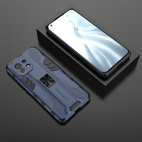 Coque Contour Silicone et Plastique Housse Etui Mat avec Aimant Magnetique Support H03 pour Xiaomi Mi 11 Lite 4G Bleu