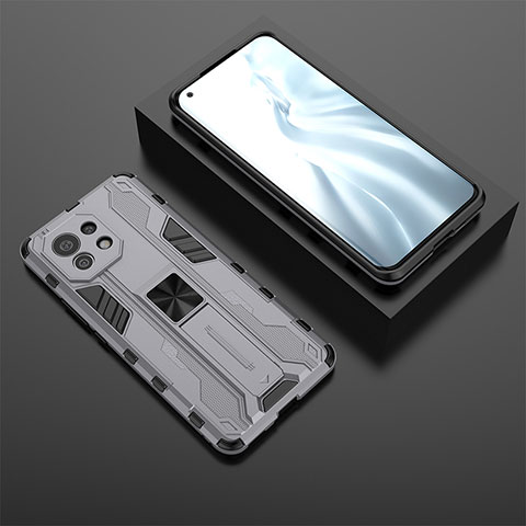 Coque Contour Silicone et Plastique Housse Etui Mat avec Aimant Magnetique Support H03 pour Xiaomi Mi 11 Lite 4G Gris