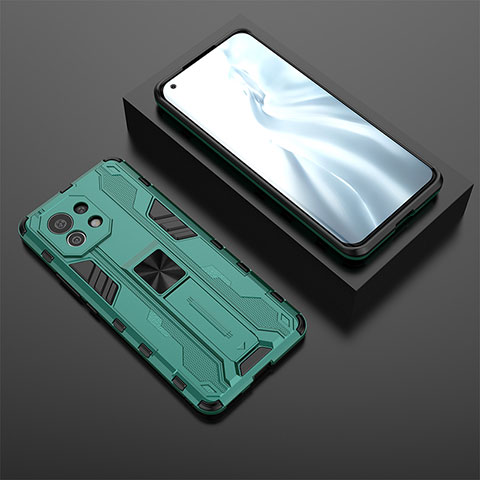 Coque Contour Silicone et Plastique Housse Etui Mat avec Aimant Magnetique Support H03 pour Xiaomi Mi 11 Lite 4G Vert