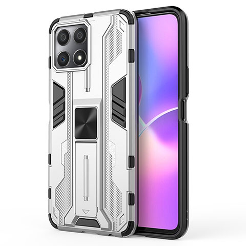 Coque Contour Silicone et Plastique Housse Etui Mat avec Aimant Magnetique Support KC1 pour Huawei Honor X30i Argent