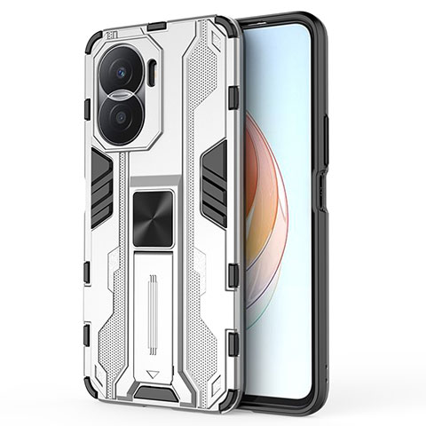 Coque Contour Silicone et Plastique Housse Etui Mat avec Aimant Magnetique Support KC1 pour Huawei Honor X40i 5G Argent