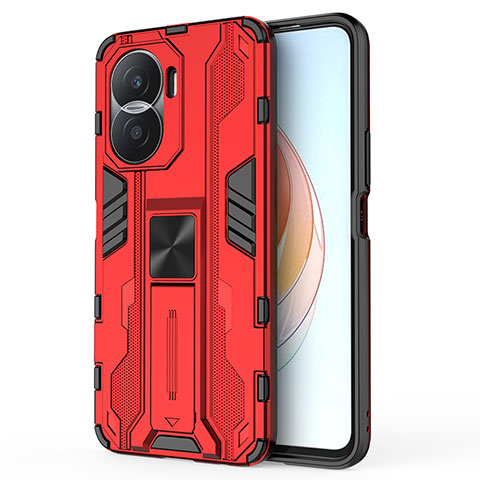 Coque Contour Silicone et Plastique Housse Etui Mat avec Aimant Magnetique Support KC1 pour Huawei Honor X40i 5G Rouge