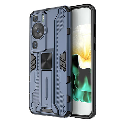 Coque Contour Silicone et Plastique Housse Etui Mat avec Aimant Magnetique Support KC1 pour Huawei P60 Pro Bleu